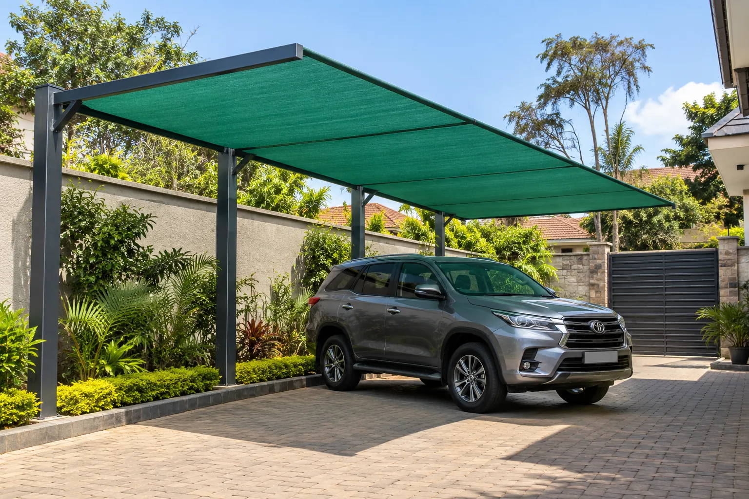 Illustration of a standard cantilever car shade with a straight sloping roof